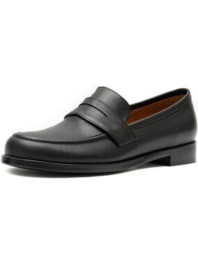 Women's Black Classic Flat Leather Penny Loafers Slip On Dress Flat Shoes